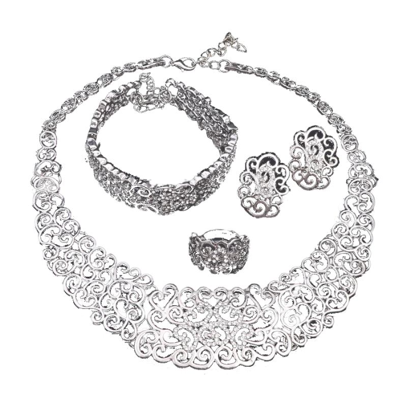 Set de Joyas con Collar, Aretes, Anillo y Pulsera – Plateado